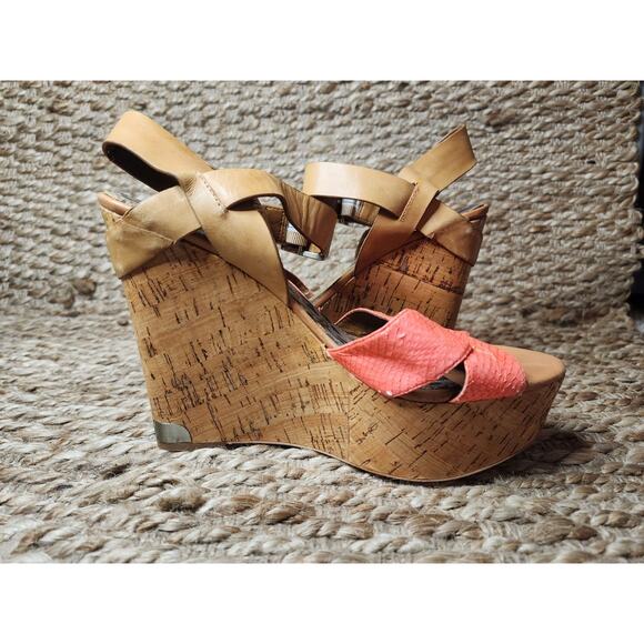 Sam Edelman Women's Pink Snake Skin Cork High Wedge Sandals Shoes Size 10M - Picture 7 of 12